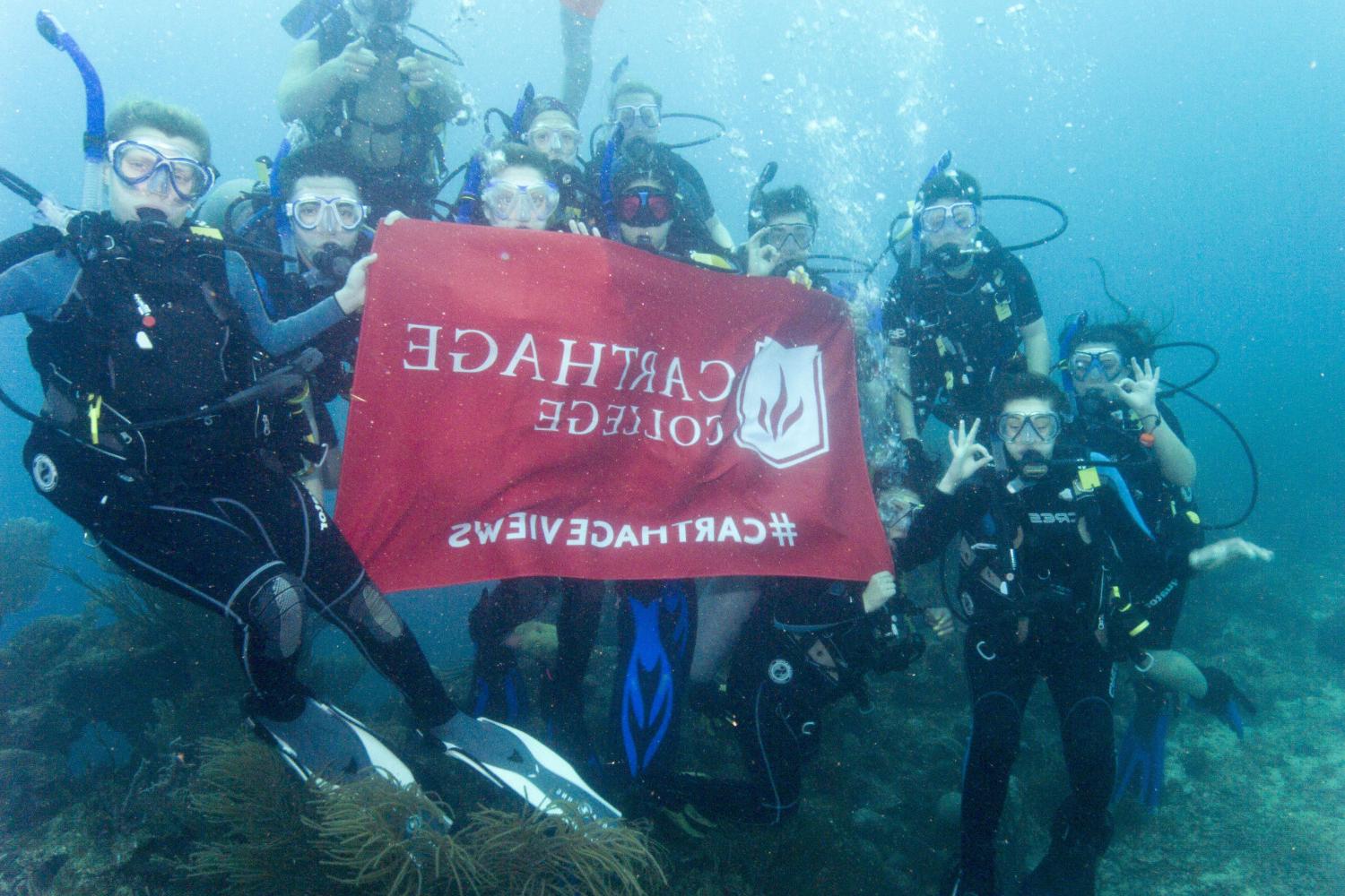 学生们手持<a href='http://9t2z.cqkaisi.com'>bv伟德ios下载</a>旗帜，在j学期洪都拉斯游学之旅中潜水.